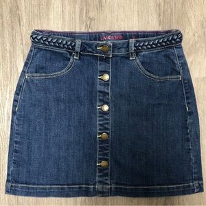 Lands End Girl’s Size 14 Jean Denim Skirt Braided Adjustable Waist Front Button
